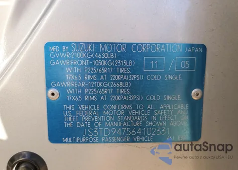 2006 Suzuki Grand Vitara Luxury z USA, uszkodzony, nr VIN JS3TD947564102331